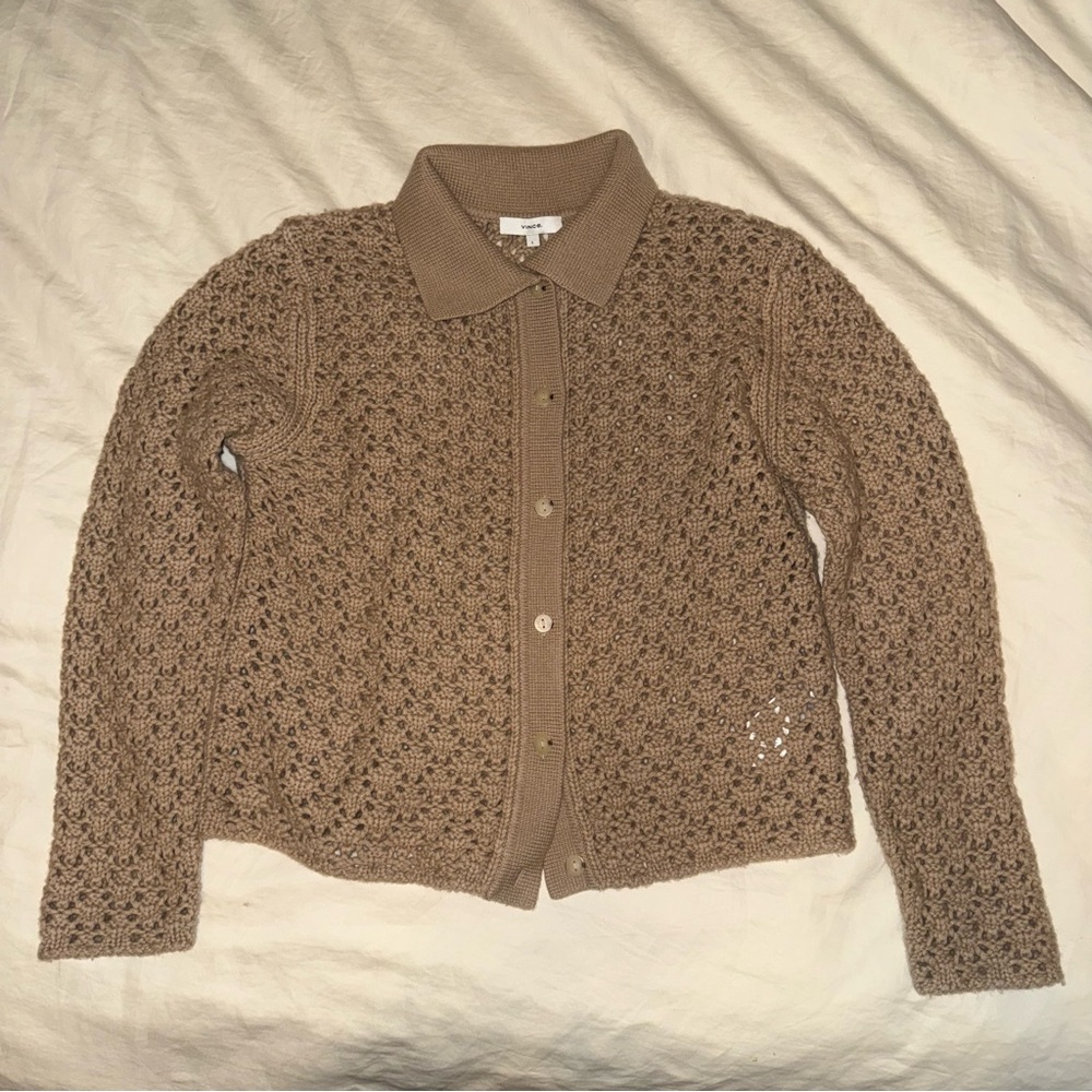 Vince Crochet Cardigan, Tan Wool & Cashmere Blend, Neutral, Casual Sz L